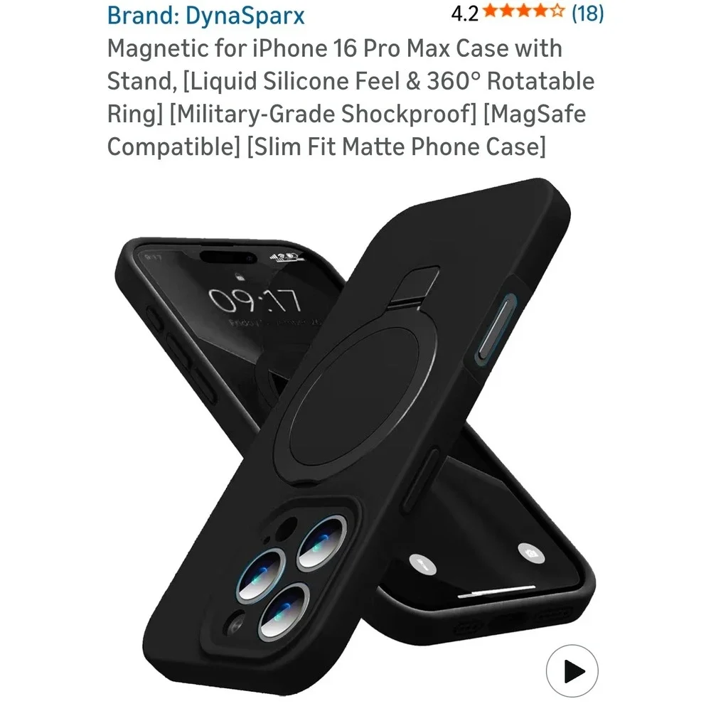DynaSparx Magnetic iPhone 16 Pro Max Case Matte Black Rotatable Ring  MagSafe‎